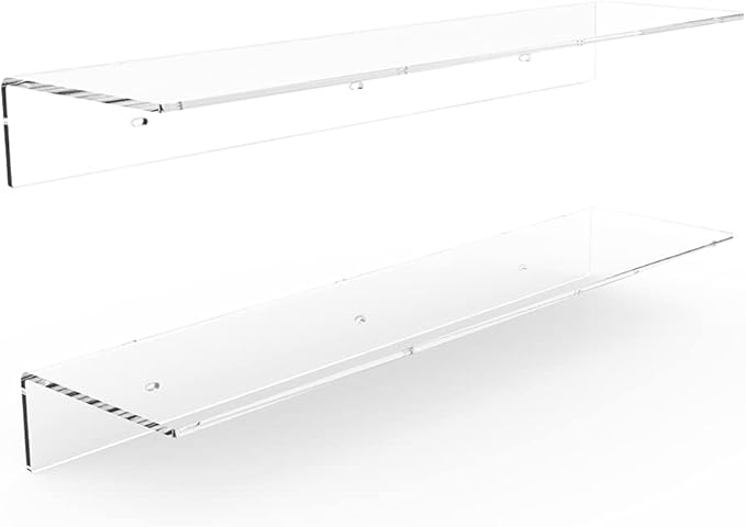 24 Inches Clear Floating Shelves for Wall, Acrylic Long Wall Shelf, Wall Mounted Shelves for Plants, Speaker, Radio, Funko Pop, Stuffed Animal, Books, Cosmetics, Toiletries, 2 Pack (24 Inch)