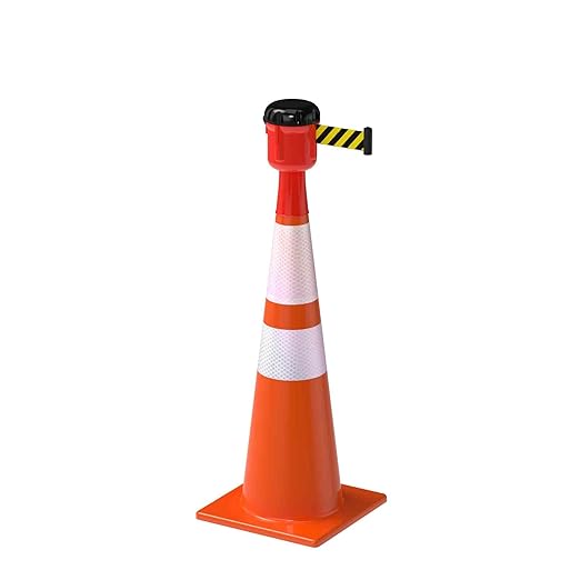Cone-Mounted Retractable Belt Barrier with Orange Case and 25 Foot Black/Yellow Belt