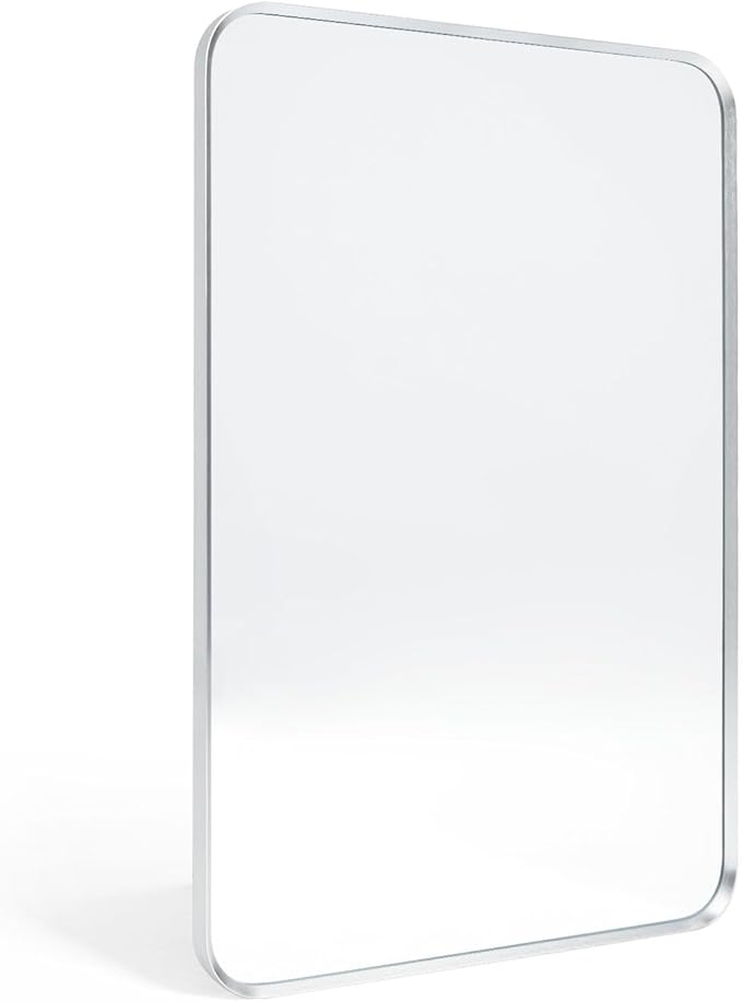 Wall Mount Mirror for Bathroom, Brush Silver Metal Framed Rounded Corner Rectangular Vanity Mirror (16" x 20", Silver)