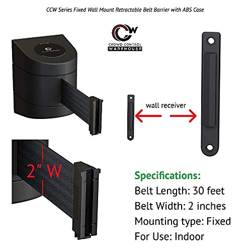 Crowd Control Warehouse - CCW Series WMB-230 Fixed Wall Mount Retractable Belt Barrier - 30 Foot, Caution Do Not Enter Belt with Black ABS Case