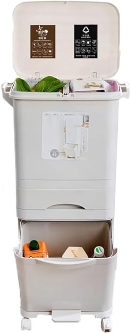 Double Layers Double Barrel Waste Sorting Bin with Wheels & Lid - Large Vertical Garbage Can for Kitchen, Bathroom, Home & Office