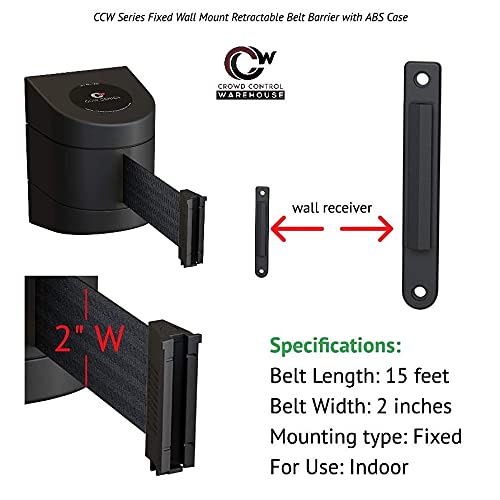 Crowd Control Warehouse - CCW Series WMB-220 Fixed Wall Mount Retractable Belt Barrier - 15 Foot, Black and Yellow Safety Belt with Yellow ABS Case