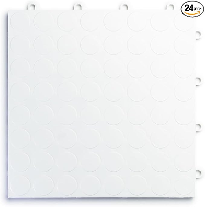 Big Floors RaceDeck CircleTrac, Interlocking Non-Slip Garage Flooring Tile, Durable, Modular, Heavy-Duty Copolymer, Easy Install (White, 24 Pack of 12 x 12" Tiles)