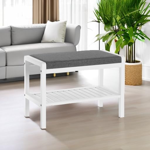SONGMICS Shoe Rack Bench with Cushion Upholstered Padded Seat, Storage Shelf, Shoe Organizer, Holds Up to 350 lb, Ideal for Entryway Bedroom Living Room Hallway Garage Mud Room Gray and White ULBS65WN