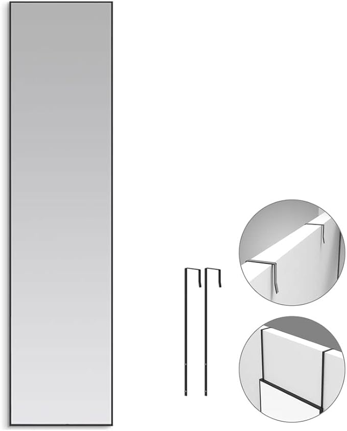 ANYHI Over The Door Mirror, 47" x 12" Black Full Length Mirror for Door, 2 Hooks, Aluminum Frame, Door Hanging or Wall Mounted for Bedroom Bathroom Checkroom
