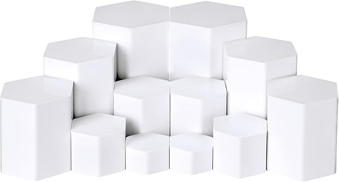 Jetec Hexagonal Jewelry Display Risers Hexagonal Market Display Risers Stands Acrylic Showcase Acrylic Stand for Jewelry Model Figures Decoration, 6 Sizes(White,12 Pieces)