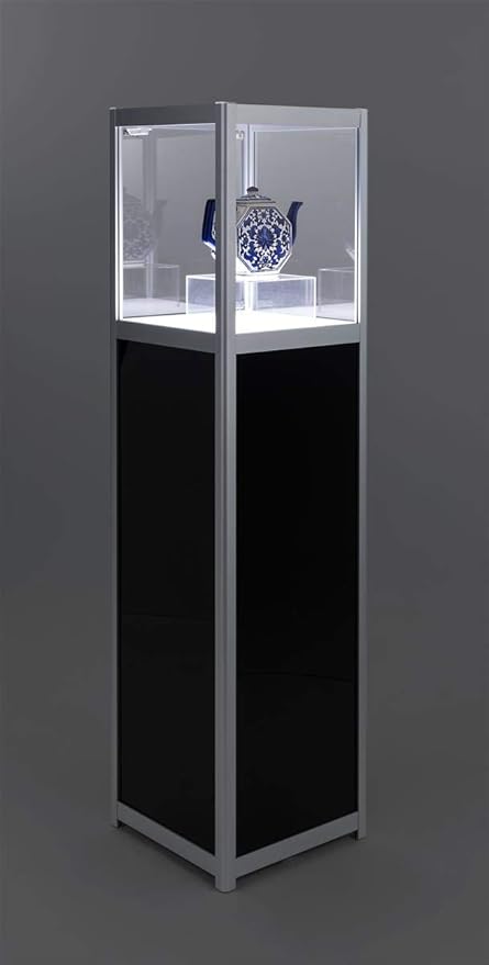 Displays2go Pedestal LED Display Case, Illuminated Panels, Rechargeable - Silver (LEDDCPSLV)