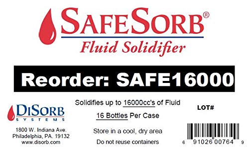 DiSorb Spill Absorbent Powder - Clean Up Bodily Fluids, Blood, Vomit, Urine, Diarrhea - Fluid Solidifier for Daycares, Buses, Schools, Hospitals, Restaurants - 16000cc - 16 Bottles Per Case