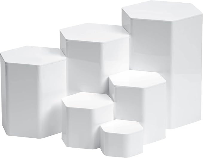 Jetec Hexagonal Jewelry Display Risers Hexagonal Market Display Risers Stands Acrylic Showcase Acrylic Stand for Jewelry Model Figures Decoration, 6 Sizes(White,6 Pieces)