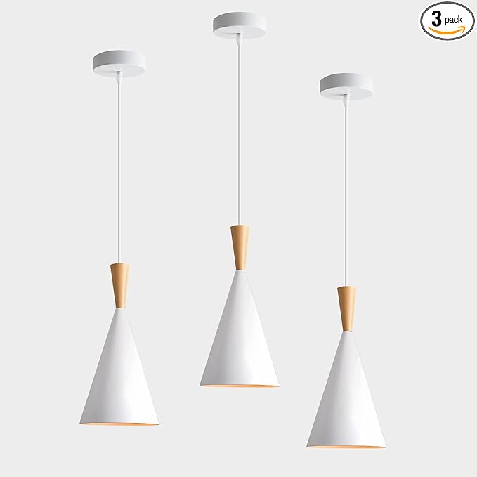 KCO Lighting Farmhouse Cone Pendant Light 3 Pack White Modern Barn Ceiling Pendant Lighting Fixture 1-Light Mini Vintage Pendant Lights Kitchen Island Dining Room Lighting