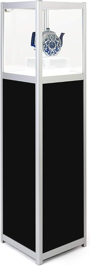 Displays2go Pedestal LED Display Case, Illuminated Panels, Rechargeable - Silver (LEDDCPSLV)