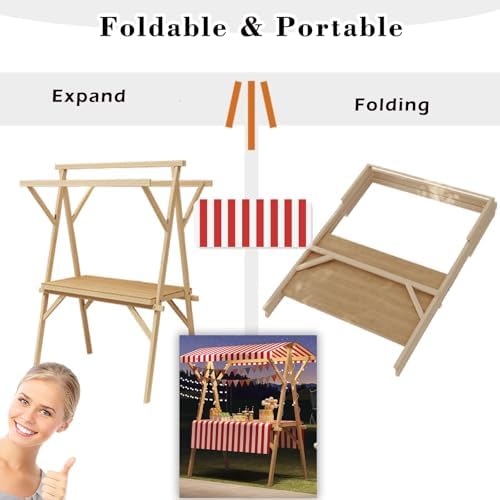 Foldable Wooden Market Stall Display Stand with Canopy & Tablecloth - Outdoor Retail Kiosk for Gifts, Crafts, Food, Toys & Lemonade - Portable Concession Booth (Red, 180x60cm)