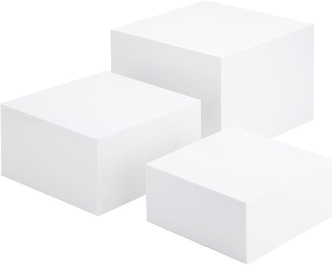 Clisela 3pcs Acrylic Cube Display Stands Box Risers with Hollow Bottoms, Food Risers for Buffet Table, Decorative Display Stand Shelf for Dessert Collectibles Jewelry Figures Show - White 6" 7" 8"