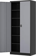 71” Tall Metal Storage Cabinet- Steel File Cabinets with Lockable Doors and Adjustable Shelves-Black&Gray Steel Storage Cabinet for Home,Kitchen, School, Office, Garage