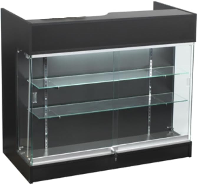 4ft Retail Checkout Counter with Front Glass Display Showcase – Black Ledge Top Store Counter with Tempered Glass, Locking Drawers & Storage Shelves – Boutique Display Cabinet