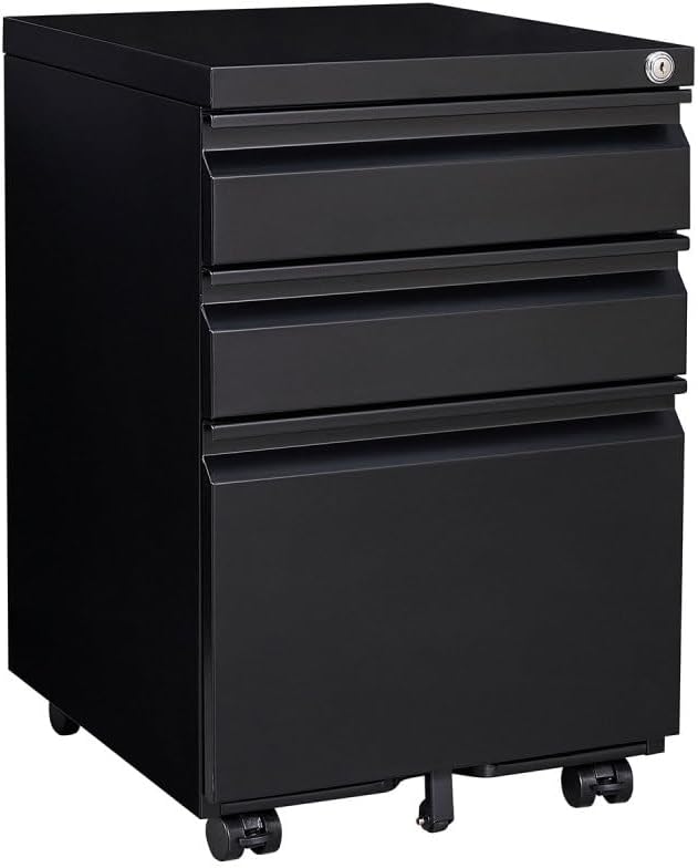 Lispin 3-Drawer Mobile Filing Cabinet with Lock, Office Storage Filing Cabinet of Legal/Letter Size, to be Installation Required (Black + Metal)