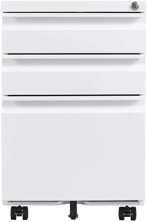 Lispin 3-Drawer Mobile Filing Cabinet with Lock, Office Storage Filing Cabinet of Legal/Letter Size, to be Installation Required (White + Metal + Modern)