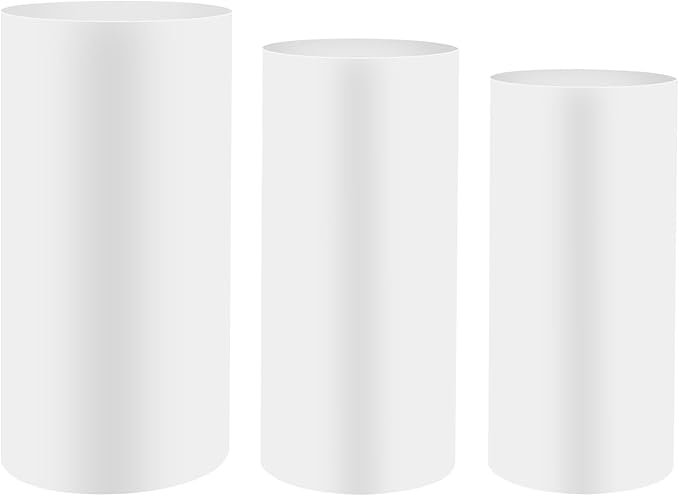 OUKANING 3 PCS Metal Display Pedestal Stands, Cylinder White Display Stands Pillars, Decoration Cube Sculpture Display Column for Wedding Party Baby Shower Birthday, H27.56'', 26'', 23.62''