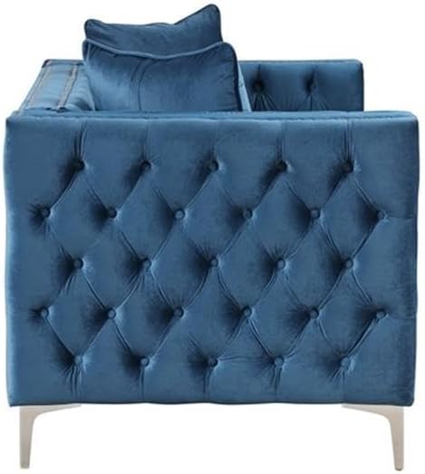 Pemberly Row Chesterfield Button Tufted Velvet Fabric Modern Loveseat-Blue