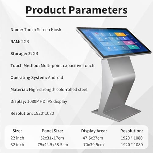 22" Touch Screen Digital Signage Kiosk, LCD Display with K-Style Stand for Mall Navigation, Self-Ordering & Advertising, Capacitive Touch Technology, Silver Finish