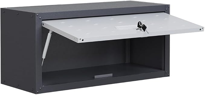 Metal Wall Mounted Cabinet with Up-flip Door, Lockable Heavy-duty Steel Wall Cabinet with lock, Floating Tool Storage Cabinet for Garage, Workshop,Warehouse, Assembly Required (Grey,13.58"H)