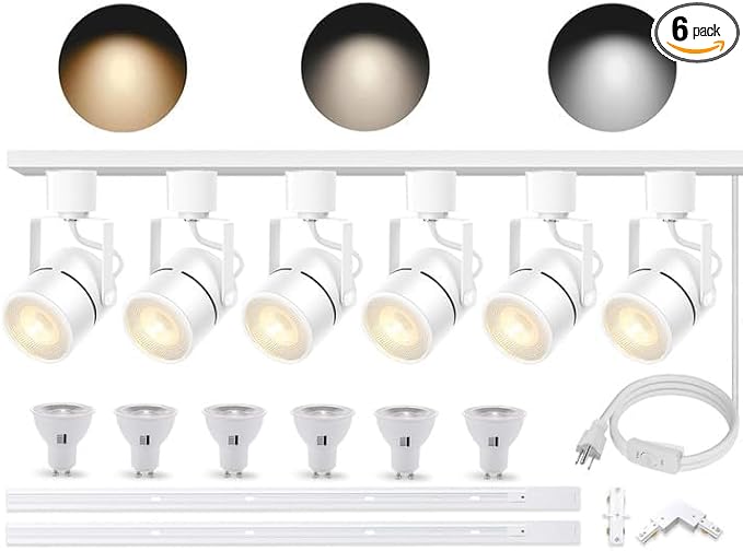 White 6PCS LED Track Lighting Kit with Advanced Replaceable GU10 Bulbs, Switchable 3CCT(3000K/4000K/6000K) and Dimmable Brightness(20%-100%), Versatile Ceiling Spotlight Fixtures for Any Space