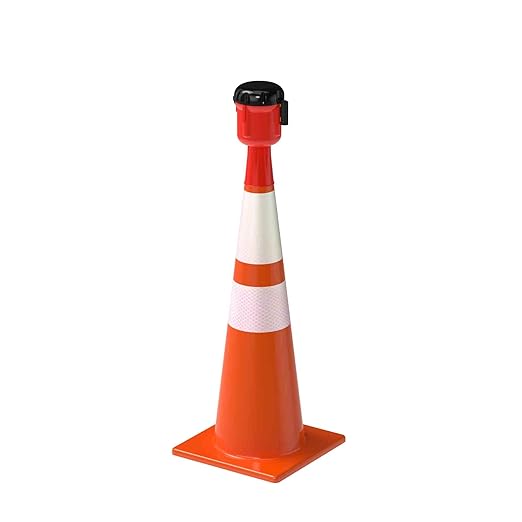 Cone-Mounted Retractable Belt Barrier with Orange Case and 20 Foot Black/Yellow Belt
