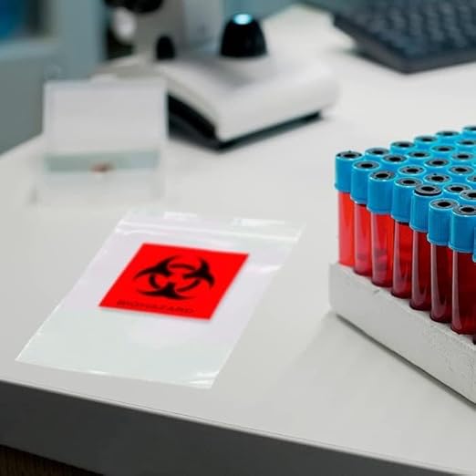 Biohazard Specimen Bags, 8 x 10 Inches. Pack of 1000 Clear Red Zipper Specimen Bags. Recyclable 3-Wall Polyethylene Biohazard Bag. Waterproof 2 Mil Plastic Bag with Zipper