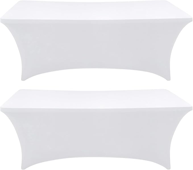 SEPARO Spandex Table Cover 2 Pack 8FT White Fitted Tablecloths,Washable Wrinkle Resistant Stretch Table Cloth Rectangle for Party Hosting Supplies,Wedding Decorations,Vendor Display,Banquet