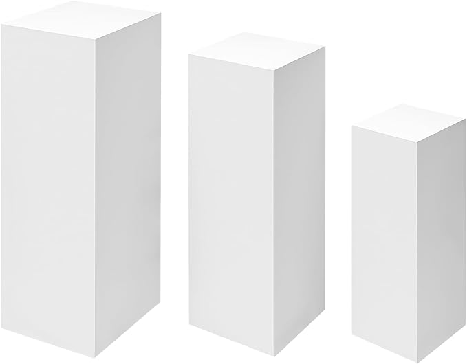 OUKANING 3 Pcs Metal Display Pedestal Stands, Square White Dessert Table Display Pillars, Decoration Cubes Sculpture Columns for Wedding Birthday Party Baby Shower Event, H39.37'', 35.43'', 27.56''