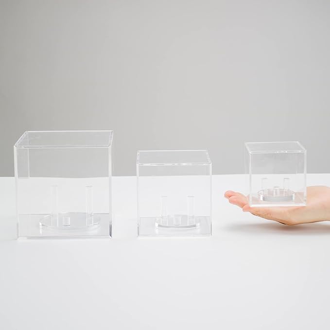 3 Pegs Round Display Easel Stands with Transparent Acrylic Box, Multiple Decoration Storage Case, Small Items Stands for Displaying Collectible Stone Rock Mineral Geodes (Medium-4x4x4in, 1Pcs)