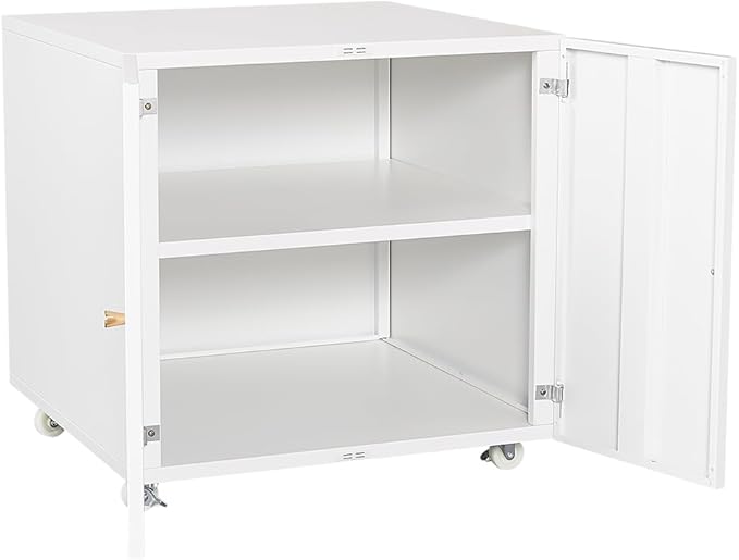 Metal Printer Stand with Storage, Heavy Duty 3D Printer Cabinet on Wheels for Home Office, Table for Printers with Adjustable Shelf Under Desk File Cabinet White 23.6''H