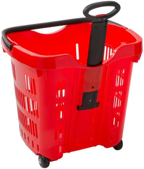 Red Plastic Shopping Basket with Wheels, 21.25x16.5 Inch, 45 lb Capacity, Telescopic Handle, Stackable Design