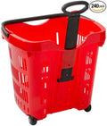 Red Plastic Shopping Basket with Wheels, 21.25 x 16.5 Inch, 45 lb Capacity, Stackable, Telescopic Handle, 6 Pack