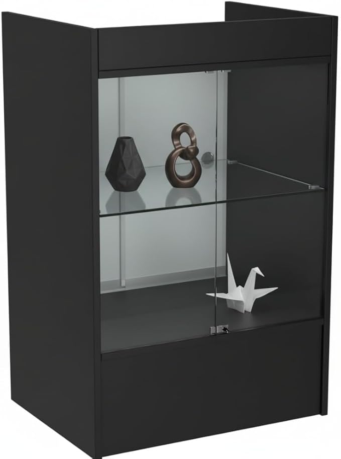 Glass Front Cash Register Stand – 24" W x 18" D x 38" H – Black Retail Counter with Sliding Glass Door & Locking Storage Cabinet