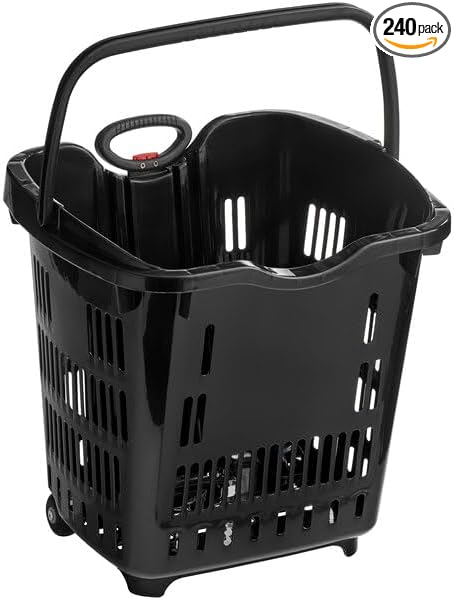 Black Plastic Shopping Basket with Wheels, 21.25x16.5 Inch, 45 lb Capacity, Telescopic Handle, Stackable Design
