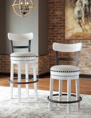 Signature Design by Ashley Valebeck Tall Upholstered Swivel Barstool, Cushioned Seat, Nailhead Trim, Wood and Metal, 30" H, Whitewash