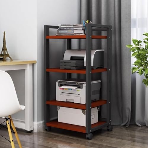 Adjustable 3-Tier Printer Stand, Heavy Duty Under Desk Printer Cart with Storage Shelf, AV Media Stand for Home Office, White & Light Walnut Finish, Multi-Functional, Durable Design