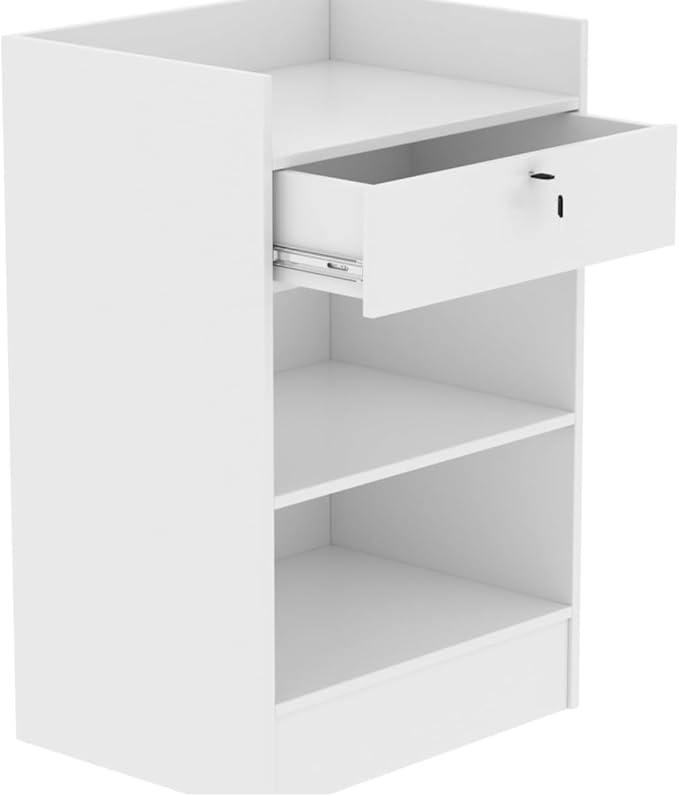 WISDOMFUR Portable Cash Register Stand - Cash Wrap Checkout Desk with Locking Drawer & Storage Shelves - Ideal for Retail, Pop-Up Shops, Church, Trade Shows & Reception Areas (White)