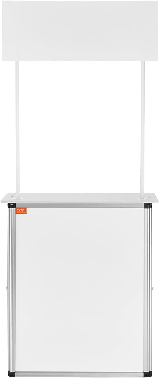 VEVOR Promotion Counter Table, Portable Tradeshow Podium Table, 30.91" x 14.96" x 71.46", Display Exhibition Counter Stand Booth Fair with Wall, Pop Up Podium with Storage Rack/Carrying Bag