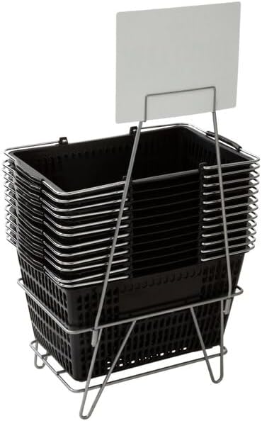 Metal Grocery Market Shopping Basket Stand, Silver, 17.5 x 12.5 x 38 Inches, Floor Standing Display Rack, 12 Basket Capacity