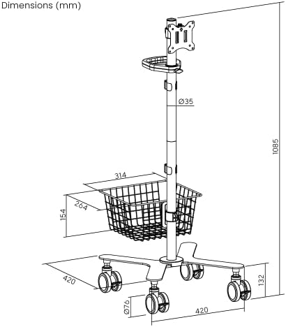 Mount Plus C09 Height Adjustable Mobile Medical Computer Monitor Display Cart with Wheels and Basket Storage | Medical Trolley for Hospital Clinic lab Beauty Salon | Pneumatic Mobile Workstation