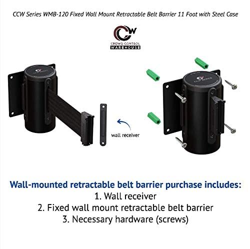 Crowd Control Warehouse - CCW Series WMB-120 Fixed Wall Mount Retractable Belt Barrier - 11 Foot, Green Belt with Stainless Steel Case