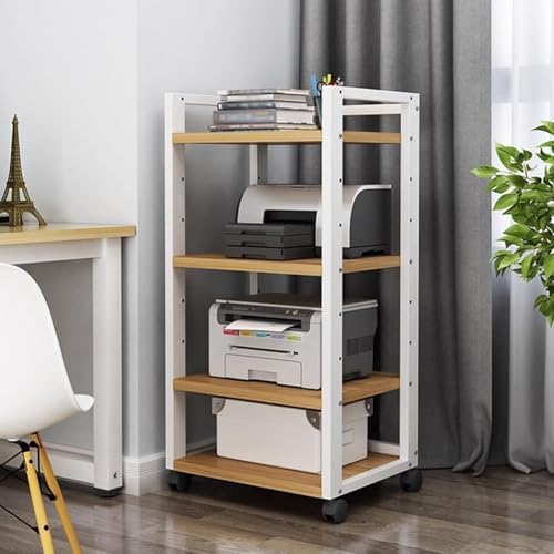 Adjustable 3-Tier Printer Stand, Heavy-Duty Under Desk Printer Cart with Storage Shelves, AV Media Stand for Home Office, White & Light Walnut Finish