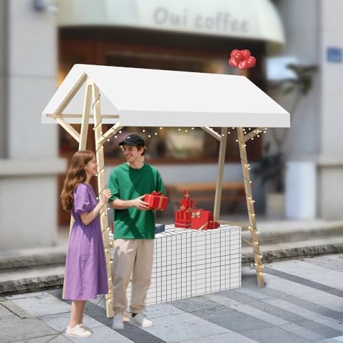 Foldable Wooden Market Stall Display Stand with Canopy & Tablecloth - Outdoor Concession Booth for Gifts, Crafts, Toys, Food & Lemonade - Portable Retail Kiosk (Red, 180x60cm)