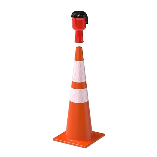 Cone-Mounted Retractable Belt Barrier with Orange Case and 20 Foot Black/Yellow Belt
