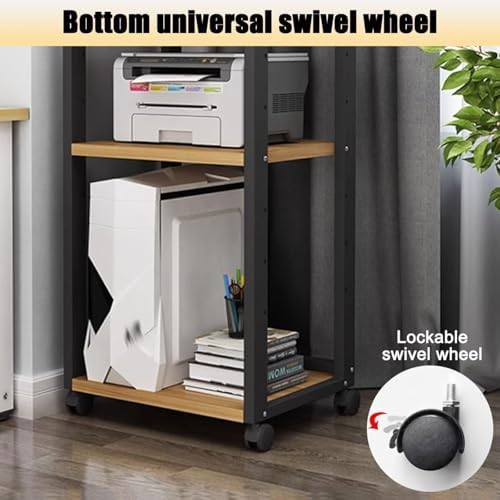 Adjustable 3-Tier Printer Stand, Heavy Duty Under Desk Printer Cart with Storage Shelf, AV Media Stand for Home Office, White & Light Walnut Finish, Multi-Functional, Durable Design