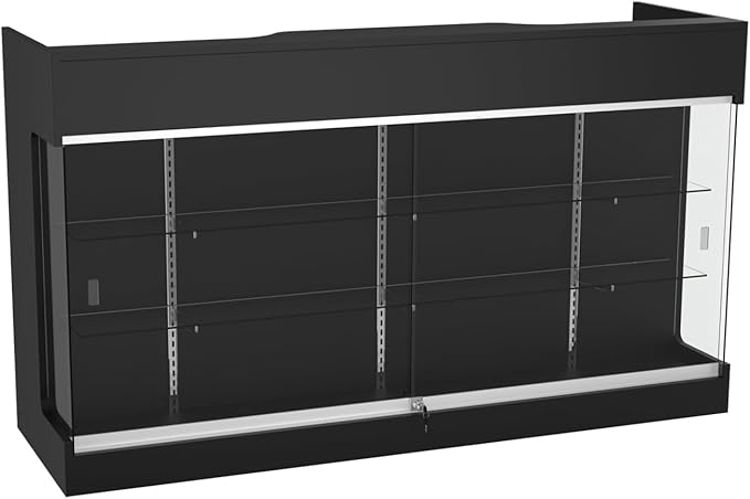 72" W x 22" D x 42" H - Ledgetop Checkout Counter with Glass Showcase View Front, Black Wooden Cash Register Stand with Showcase,Retail Glass Display Cabinet Counter