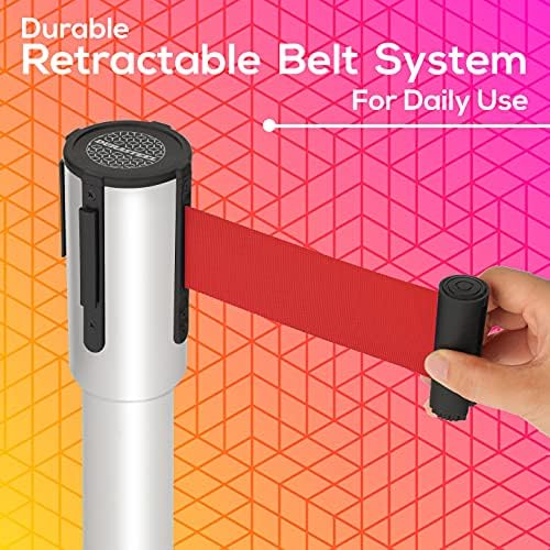 DuraSteel Crowd Control Barriers Stanchions with Retractable Belts & Sign Holder - Metal Stanchion Posts w/ 6.5ft Black Retractable Barrier Belt Ropes - Queue VIP Safety Line Dividers - Set of 6 Poles