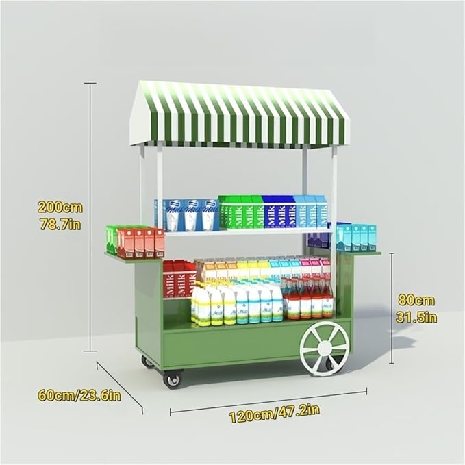 Portable Food Cart with Canopy, Mobile Vendor Display Stand with Lockable Wheels, Outdoor Food Stall Trolley, Foldable Commercial Display Cart for Market, Street Food & Events(Orange)